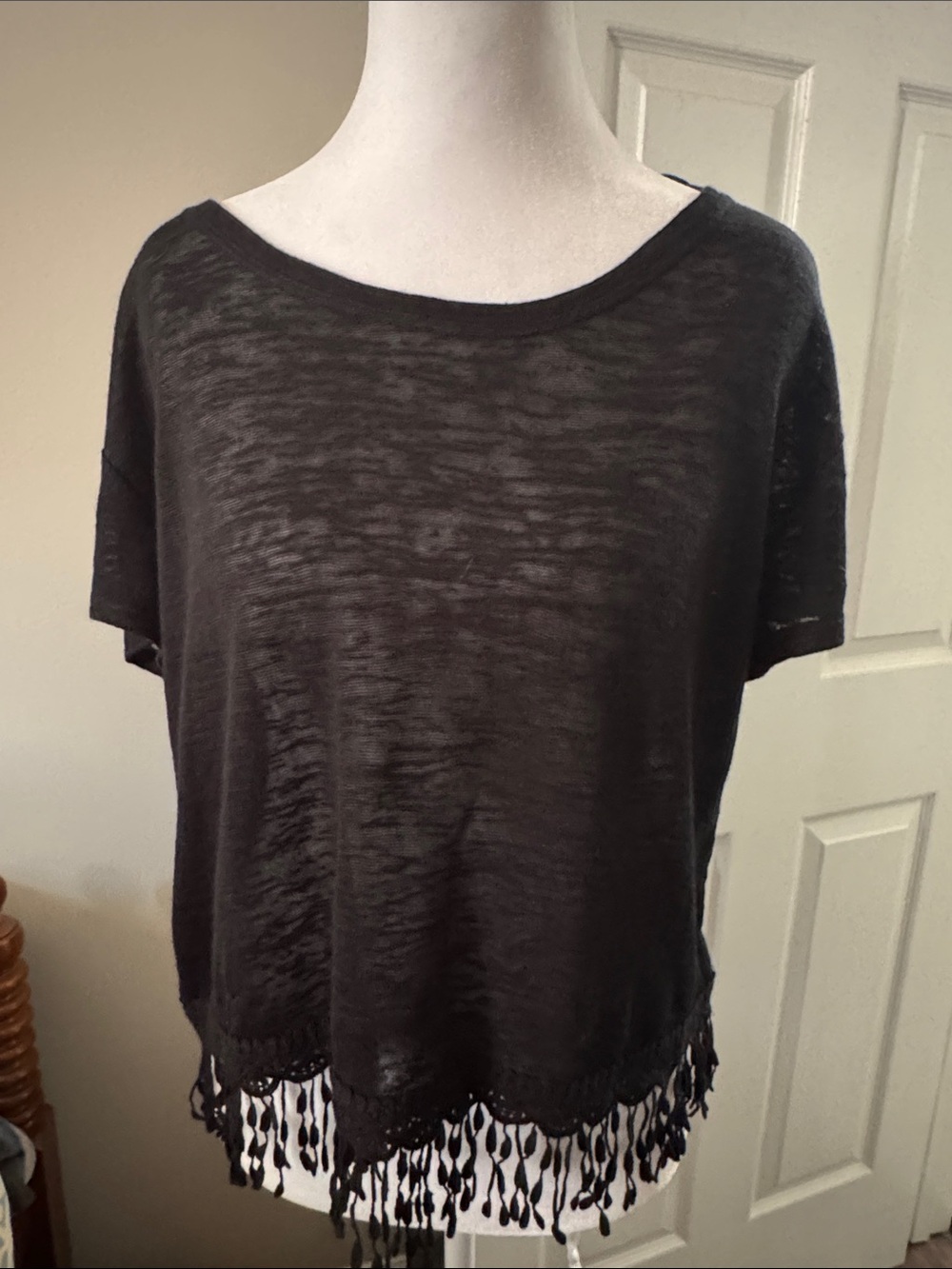 Cato Black Short-Sleeve Fringe Cropped Top